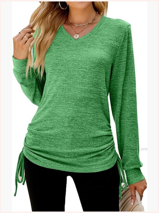 Tops - V Neck Drawstring Ruched Long Sleeve Tunic Blouse Pullover